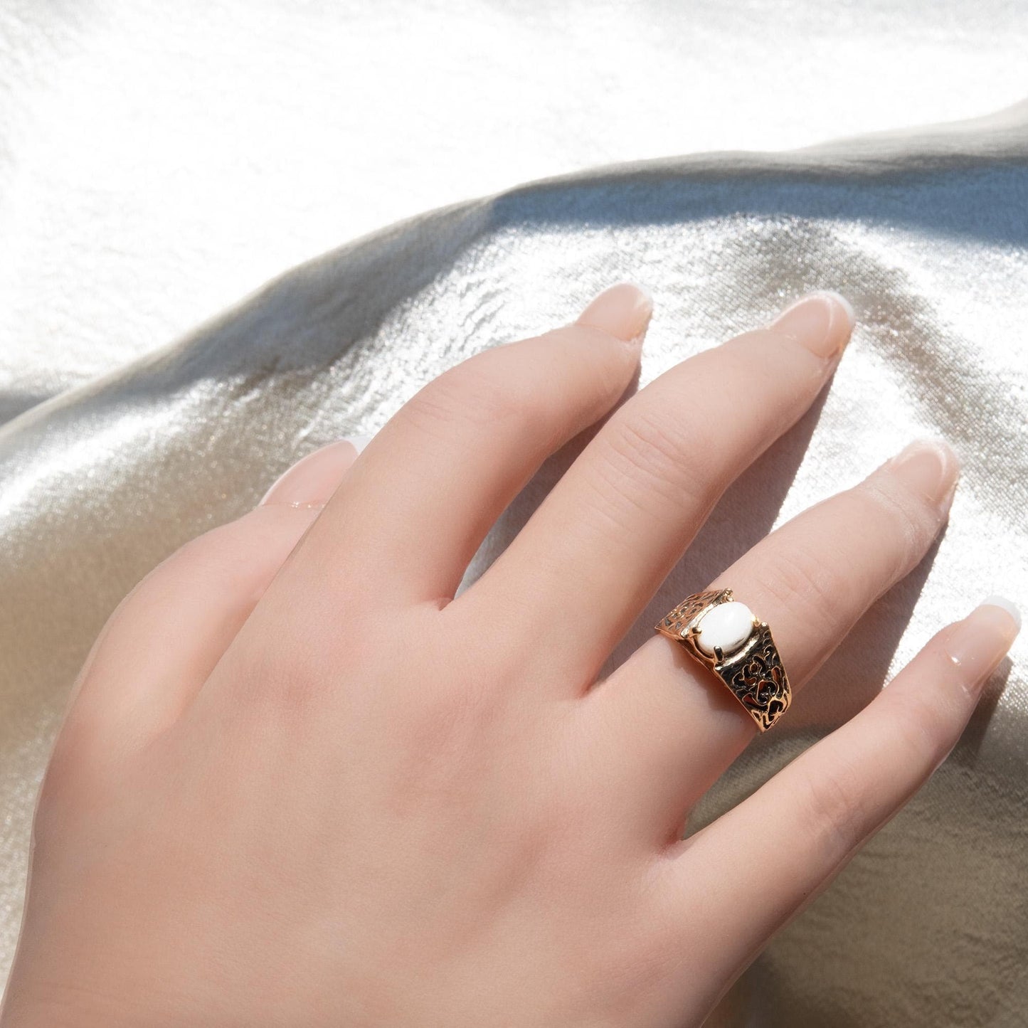 Genuine Chinese Jade Vintage Cocktail Ring – 18k Gold Electroplated Filigree Band Made in USA jewelry image 1