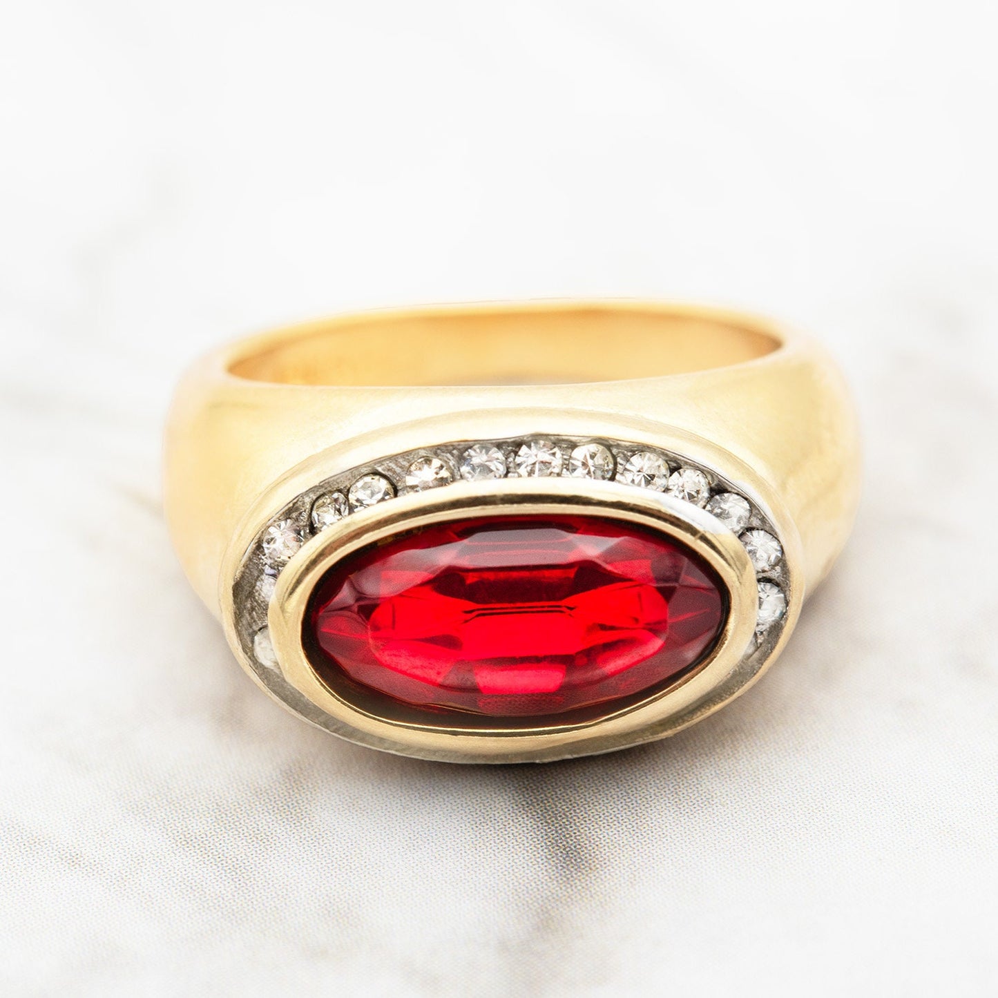 Vintage 1980s Ruby Austrian Crystal Ring – 18k Gold Electroplated Matte Finish jewelry image 1