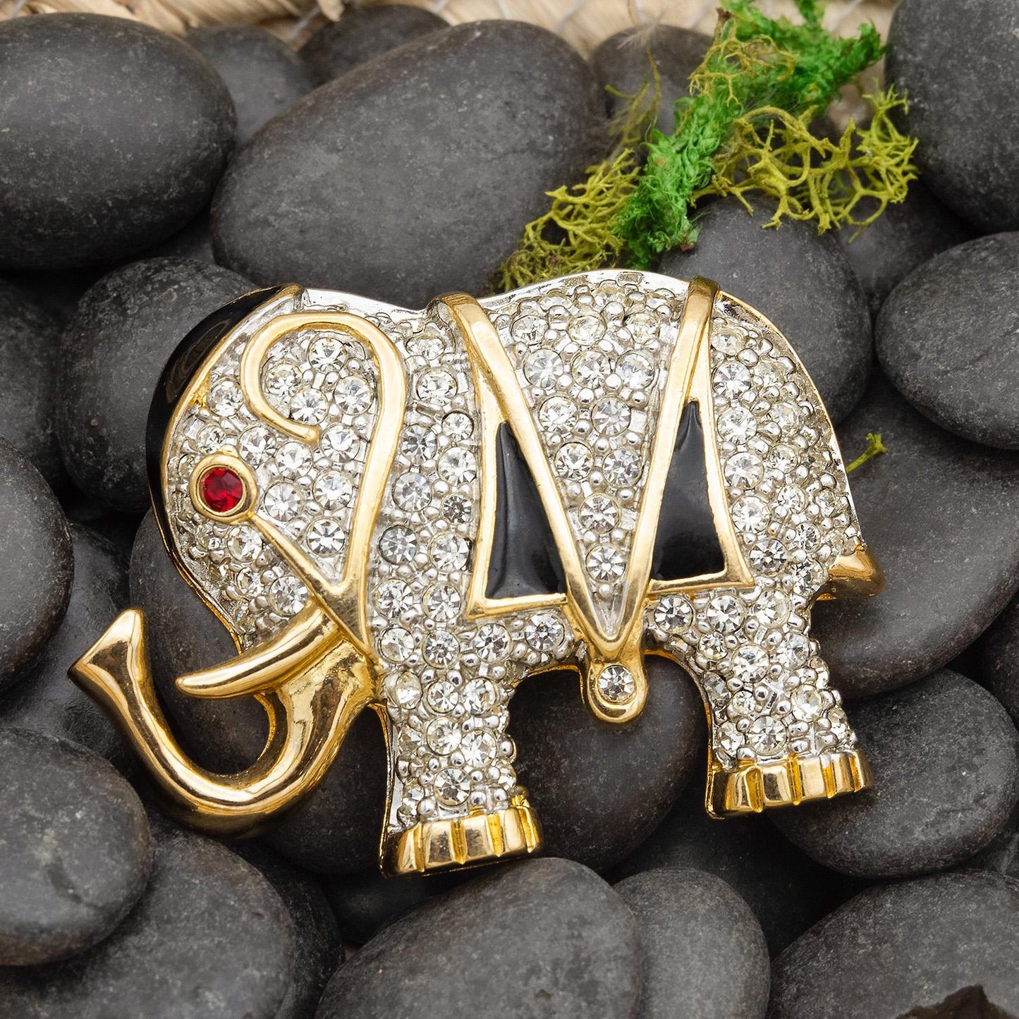 Vintage Women's Brooch Pin Elephant Clear Crystals & Ruby Eye Hand Painted Good Luck