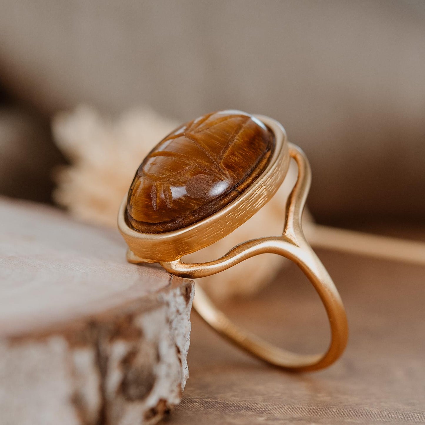 Vintage 1970s Scarab Beetle Genuine Tiger Eye Stone Yellow Gold Electroplated Ring Made in USA Women's Gold Ring