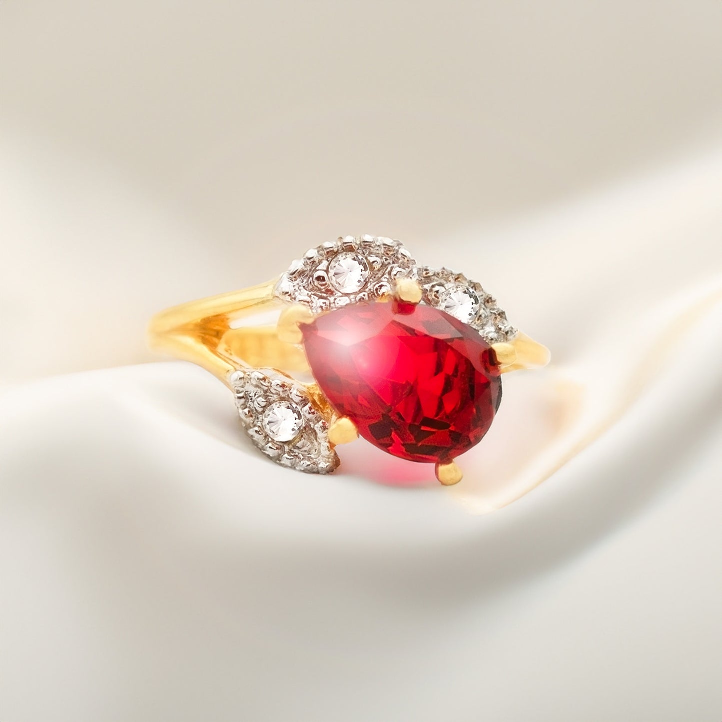 Vintage 1980s Pear Cut Ruby Crystal Ring with Austrian Crystal Accents – 18k Gold Electroplated jewelry image 1
