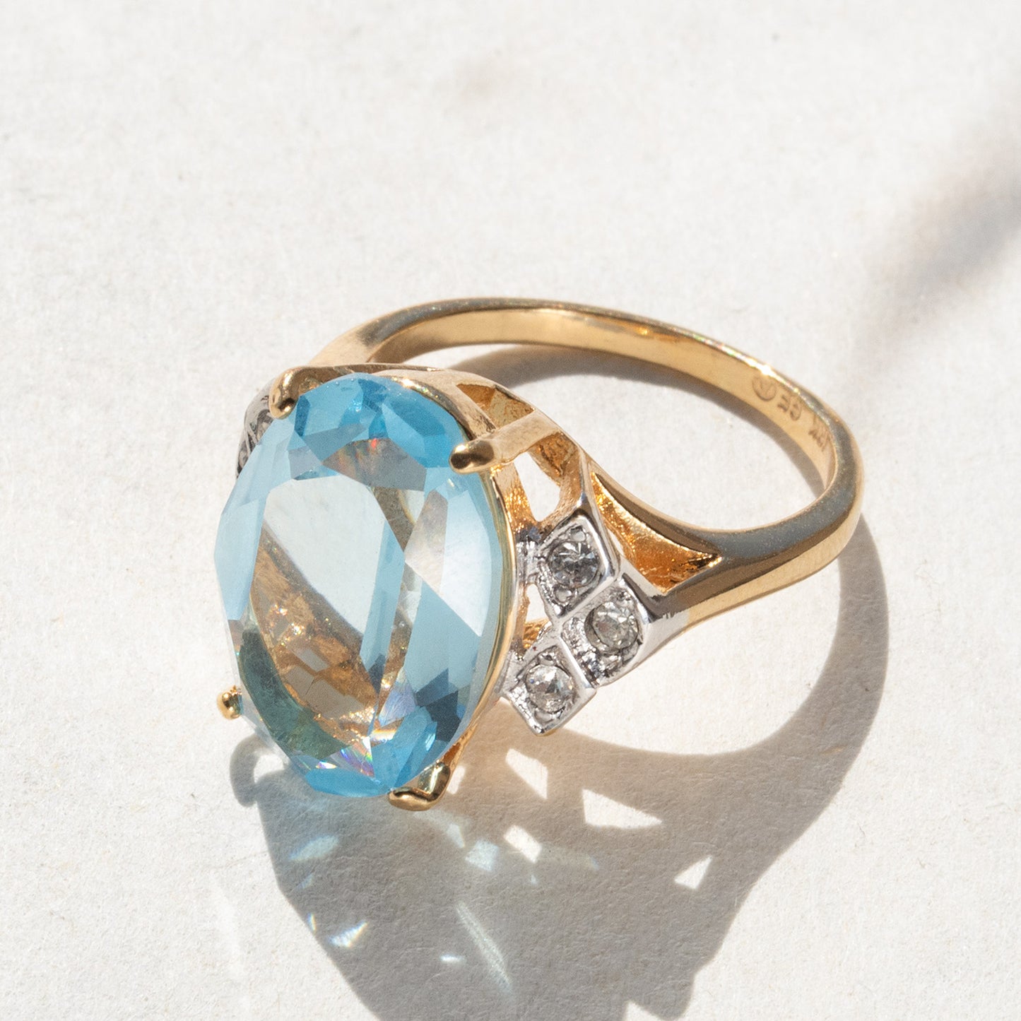 Vintage 1970s Aquamarine Blue Austrian Crystal Cocktail Ring - 18k Gold Electroplated #R1928 jewelry image 1