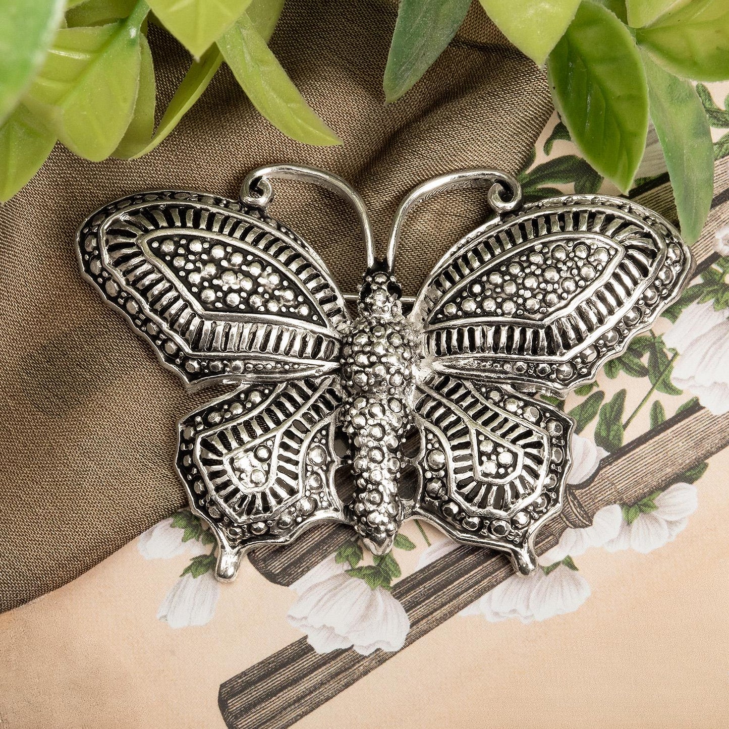 Women's Vintage Butterfly Brooch Pin Antique Style Silver Plated Black Crystal Eyes Made in USA Only One Available