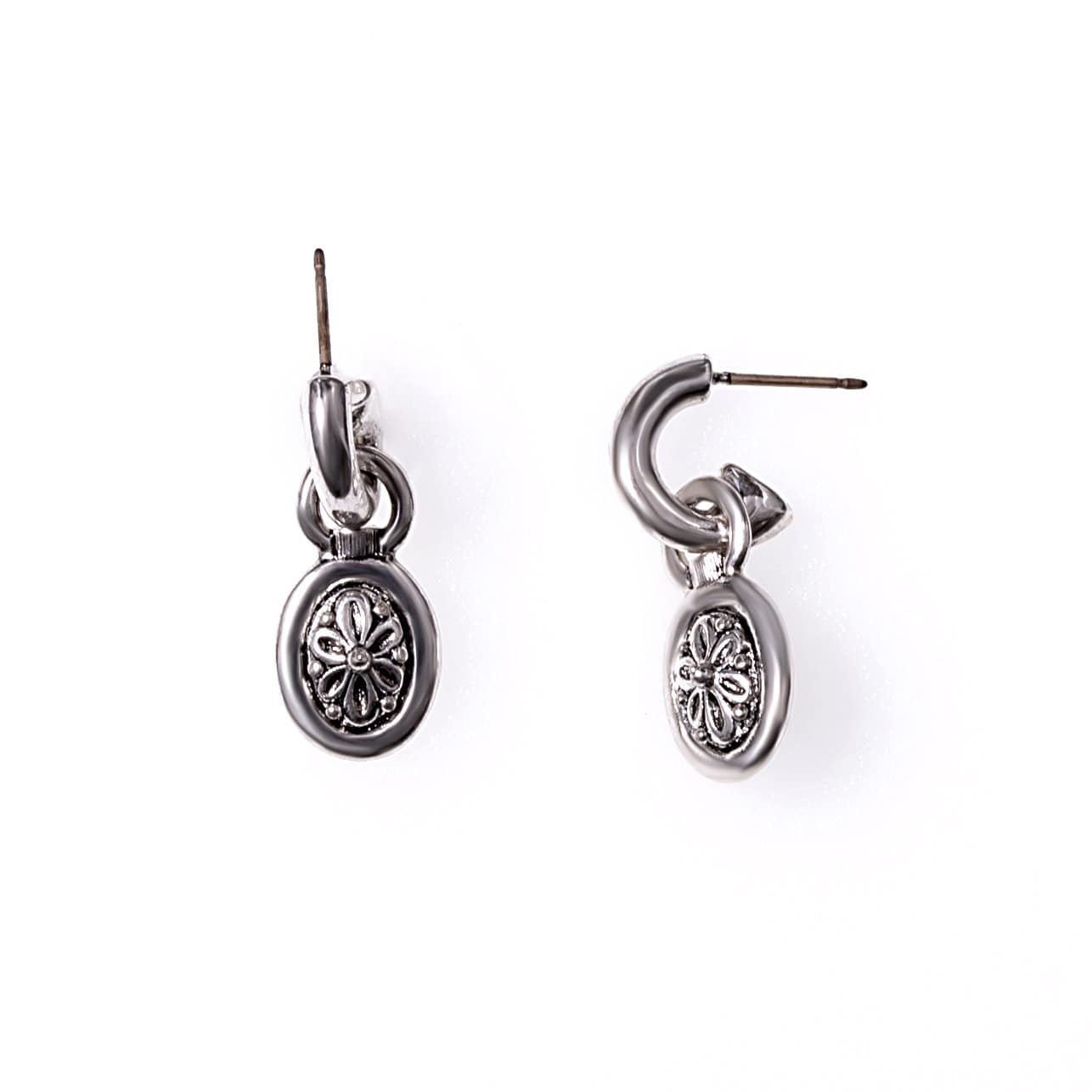Vintage Oscar De La Renta Antiqued Silver Tone Small Hoops with Removable Dangling Oval Charm Earrings OSE-604-W