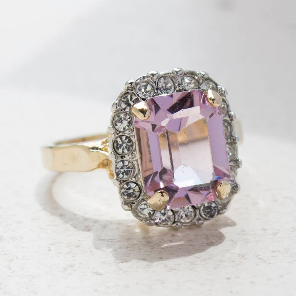 Vintage 18kt HGE Light Amethyst CZ Cocktail Ring with Austrian Crystals – Made in USA jewelry image 1