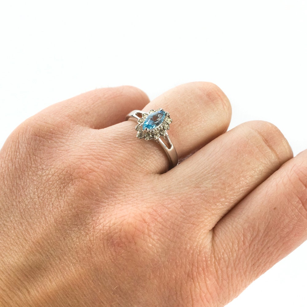 Vintage 1980s Aquamarine Austrian Crystal Ring – 18kt White Gold Electroplated Halo Setting #R1314 jewelry image 1