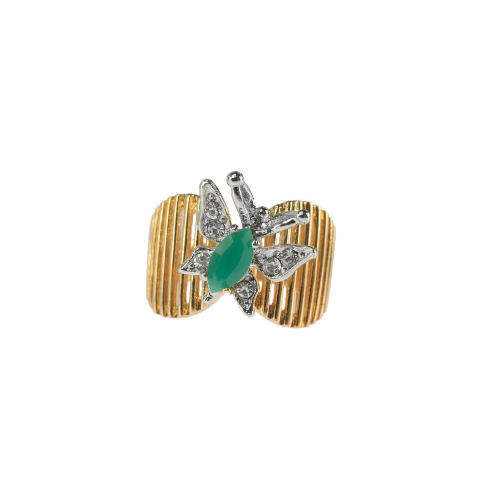 Vintage 1980s Butterfly Ring with Zircon and Clear Austrian Crystals – 18kt Yellow Gold Electroplated jewelry image 1