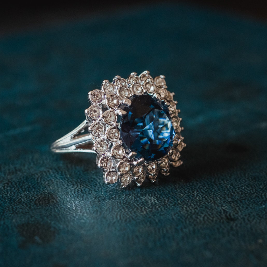 Vintage Sapphire & Clear Austrian Crystal Cluster Ring – 18k White Gold Plated, Made in USA jewelry image 1