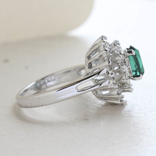 Vintage Emerald CZ and Clear Austrian Crystal Cocktail Ring – 18kt White Gold Electroplated jewelry image 1