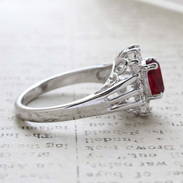 Vintage Ruby and Clear Austrian Crystal 18k White Gold Electroplated Ring Made in USA jewelry image 1