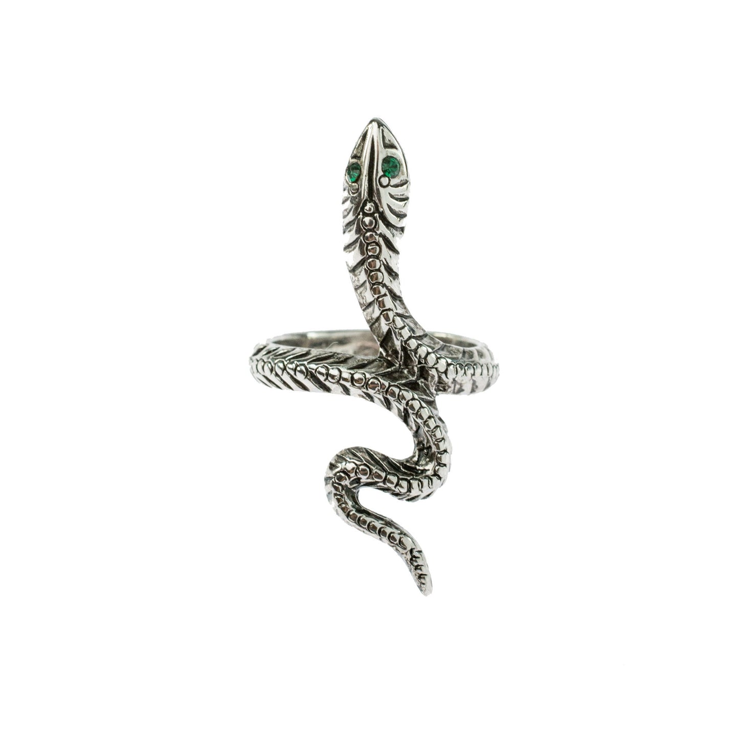 Vintage Snake Ring with Emerald Austrian Crystal Eyes – Antiqued 18k White Gold Electroplated jewelry image 1