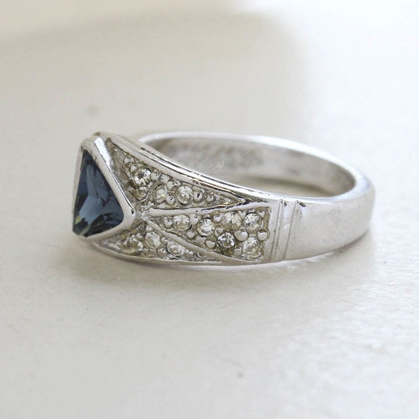 Vintage Sapphire and Clear Crystal Pavé Ring – 18kt White Gold Electroplated, Made in USA jewelry image 1