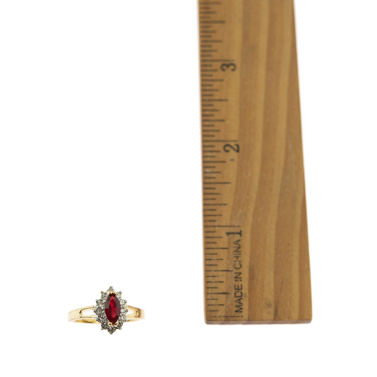 Vintage 1980s Ruby and Clear Austrian Crystal Ring - 18kt Yellow Gold Electroplated - Made in USA jewelry image 1