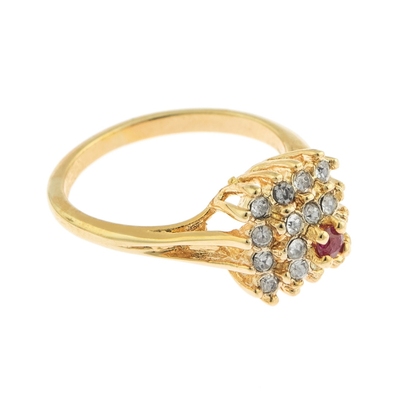 Vintage Genuine Ruby and Clear Austrian Crystal Cluster Ring – 18k Yellow Gold Electroplated jewelry image 1