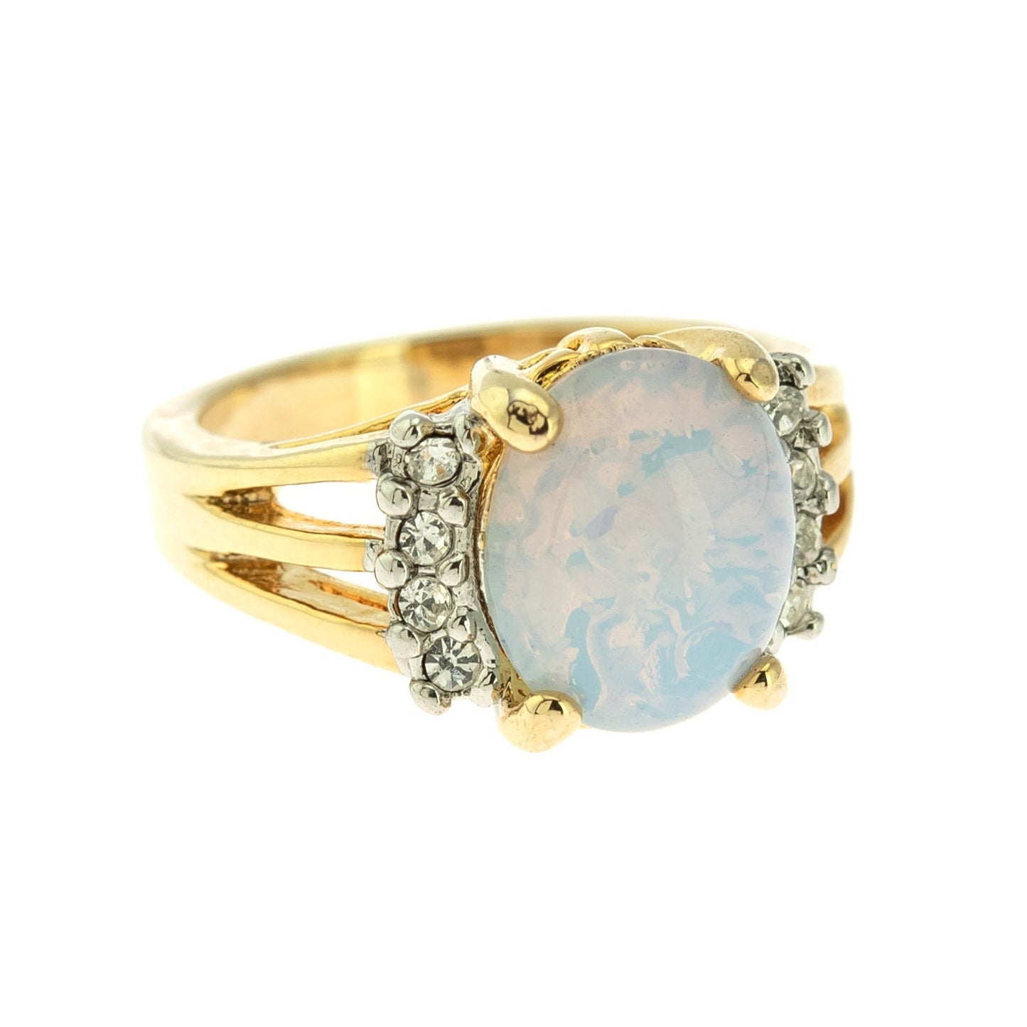 Vintage 1980s Jelly Opal Ring with Clear Austrian Crystals – 18k Yellow Gold Electroplated jewelry image 1