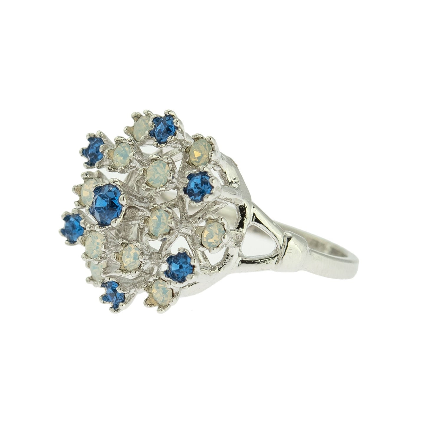 Vintage Sapphire Austrian Crystal and Pinfire Opal Cocktail Ring - 18k White Gold Electroplate - Made in USA jewelry image 1