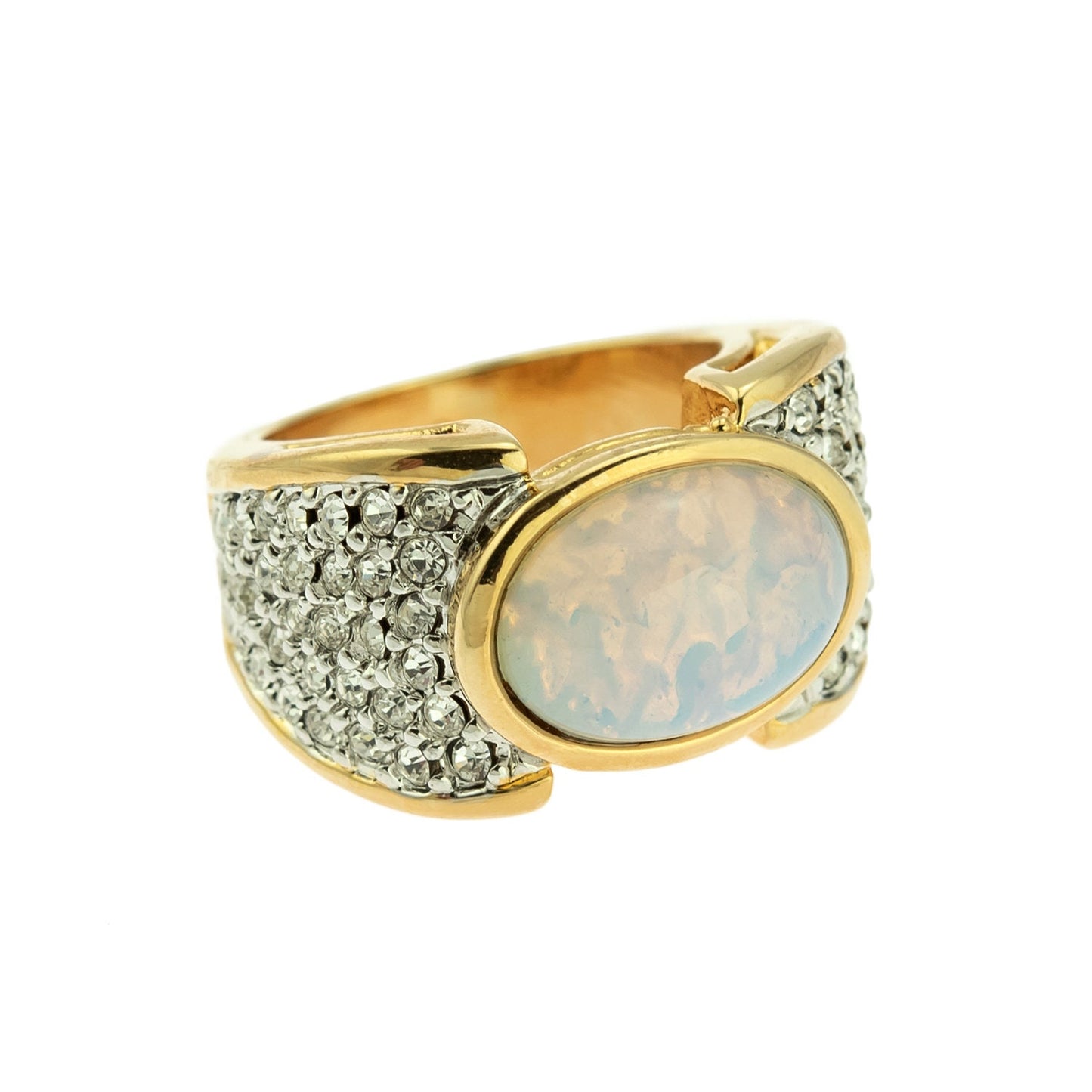 Vintage Genuine Pinfire Opal & Clear Austrian Crystal Cocktail Ring – 18k Yellow Gold Electroplated jewelry image 1