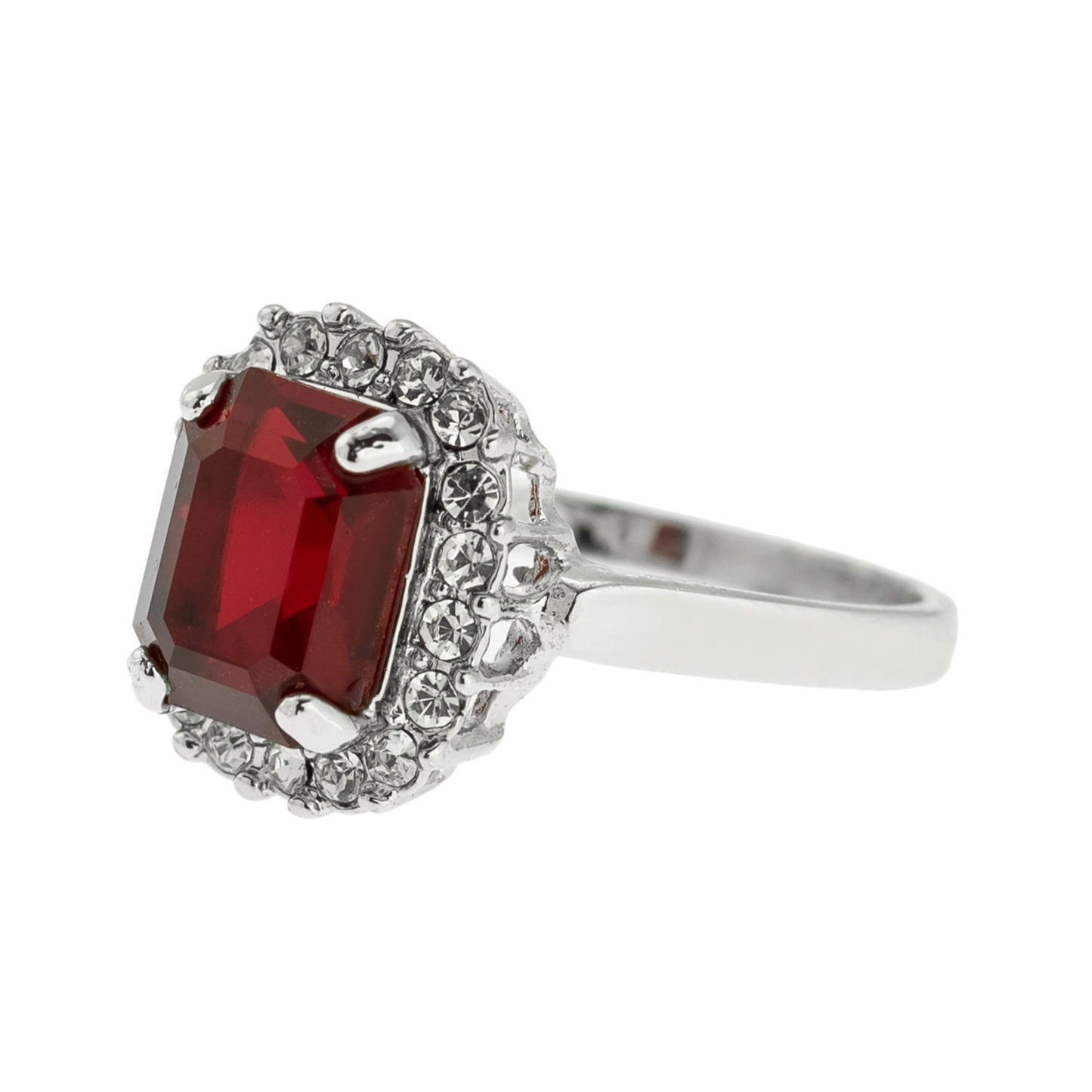 Vintage 18k White Gold Electroplated Ruby and Clear Austrian Crystal Halo Ring – Made in USA jewelry image 1