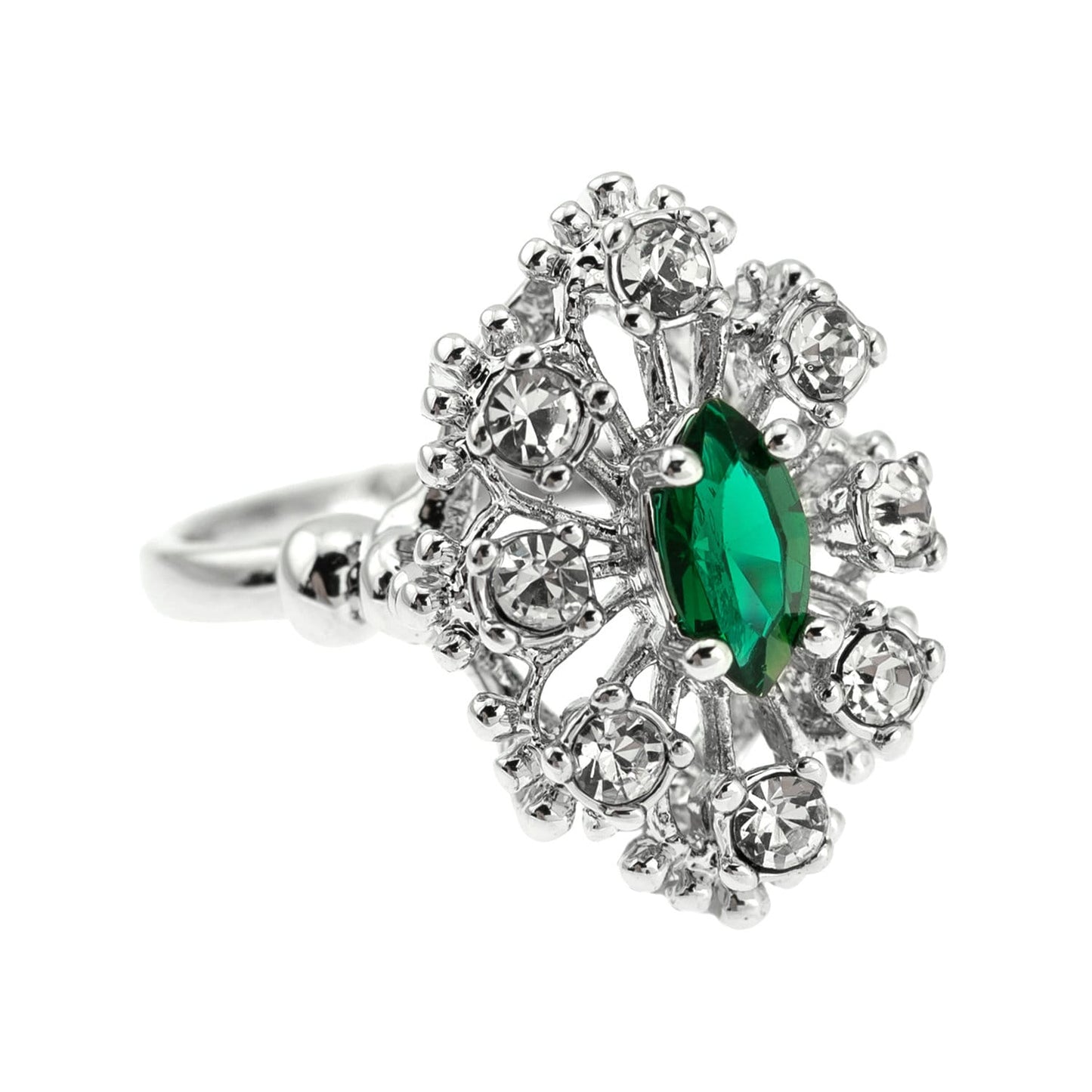 Vintage Marquise Cut Emerald Crystal Cocktail Ring with Clear Crystals - 18k White Gold Electroplated jewelry image 1