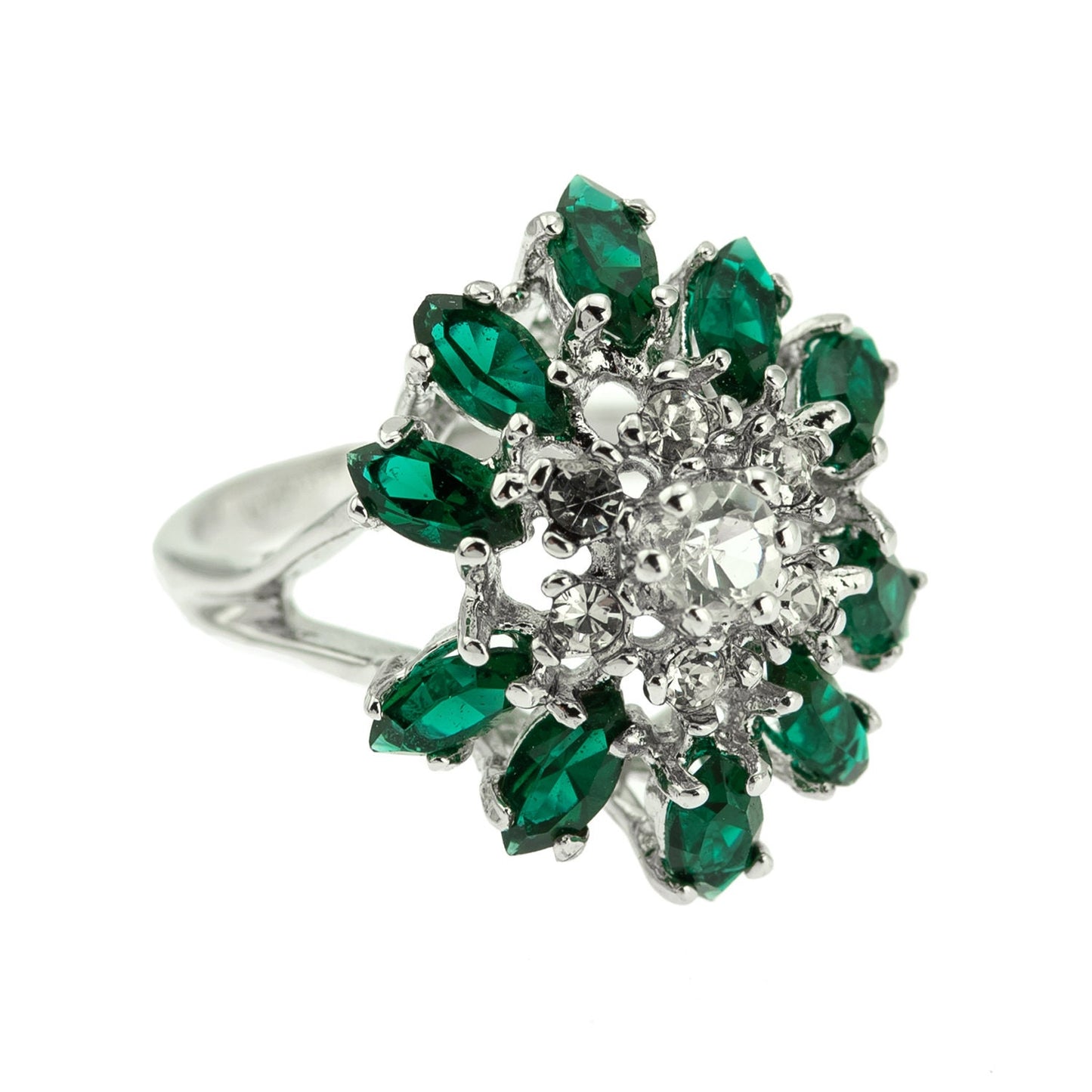 Vintage 1970s Emerald Green & Clear Austrian Crystal Cluster Ring - 18kt White Gold Electroplated jewelry image 1