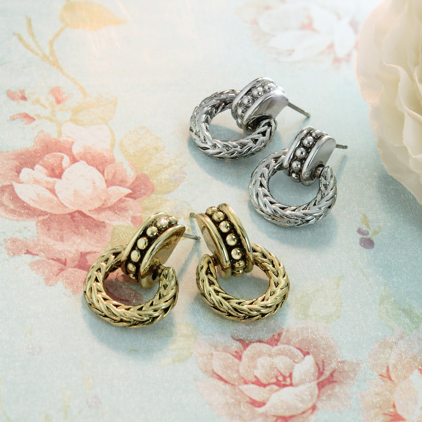 Vintage Oscar De La Renta Antiqued Silver Tone Braided Dangling Hoop Earrings jewelry image 1