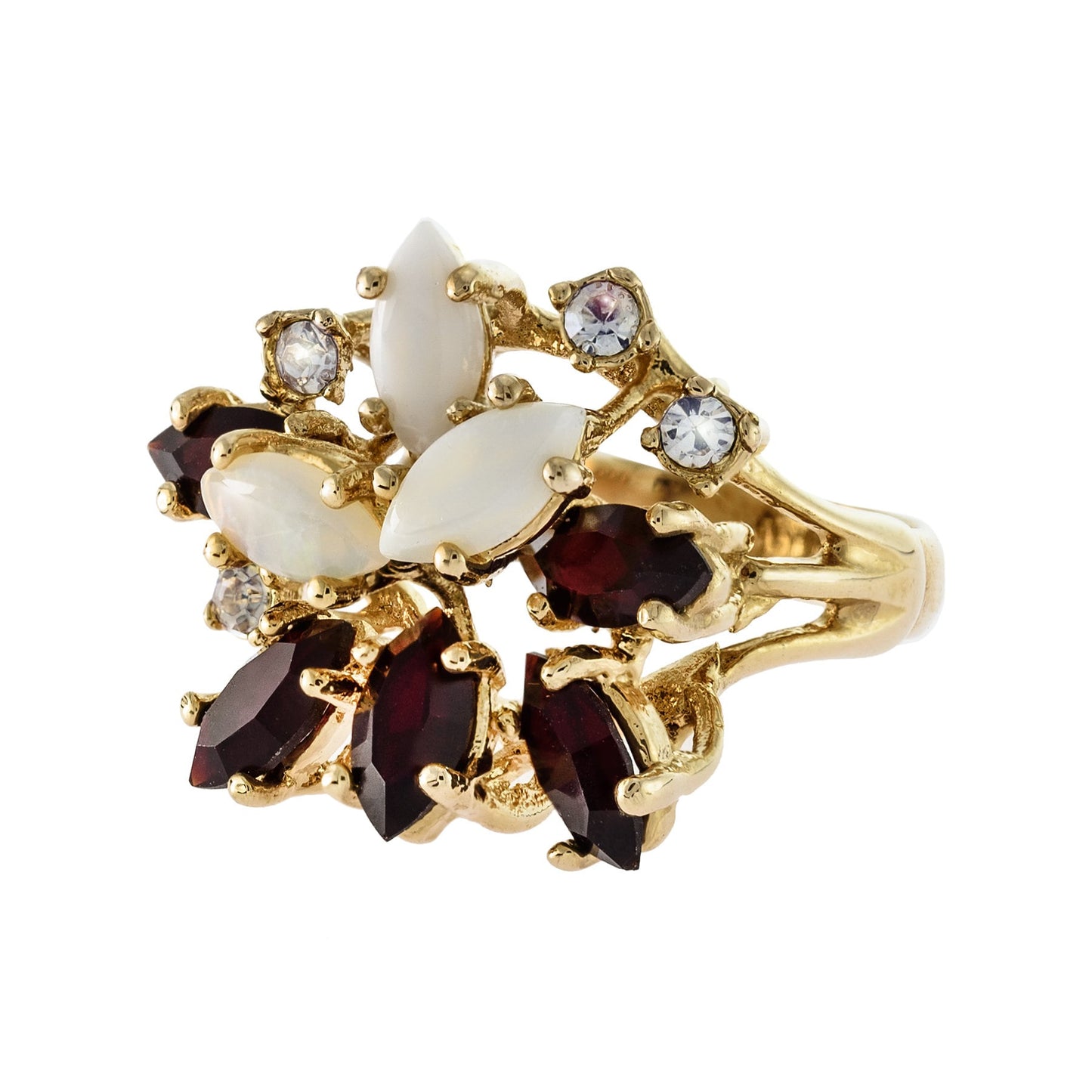 Vintage Genuine Opal Cluster Ring with Garnet and Clear Austrian Crystals – 18k Gold Electroplated jewelry image 1