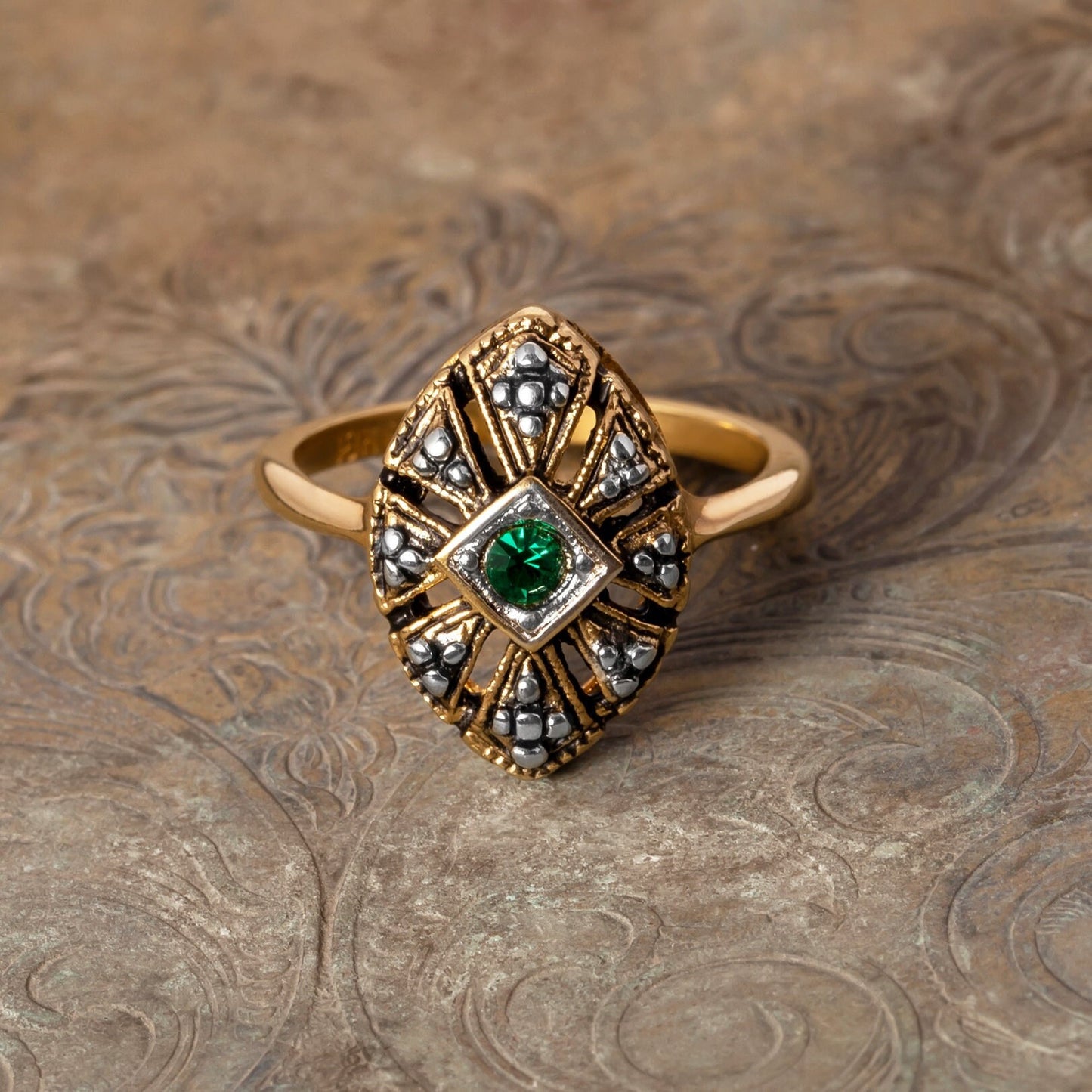 Vintage Austrian Crystal Emerald Green Cocktail Ring in 18kt Gold Electroplate - Victorian Design jewelry image 1