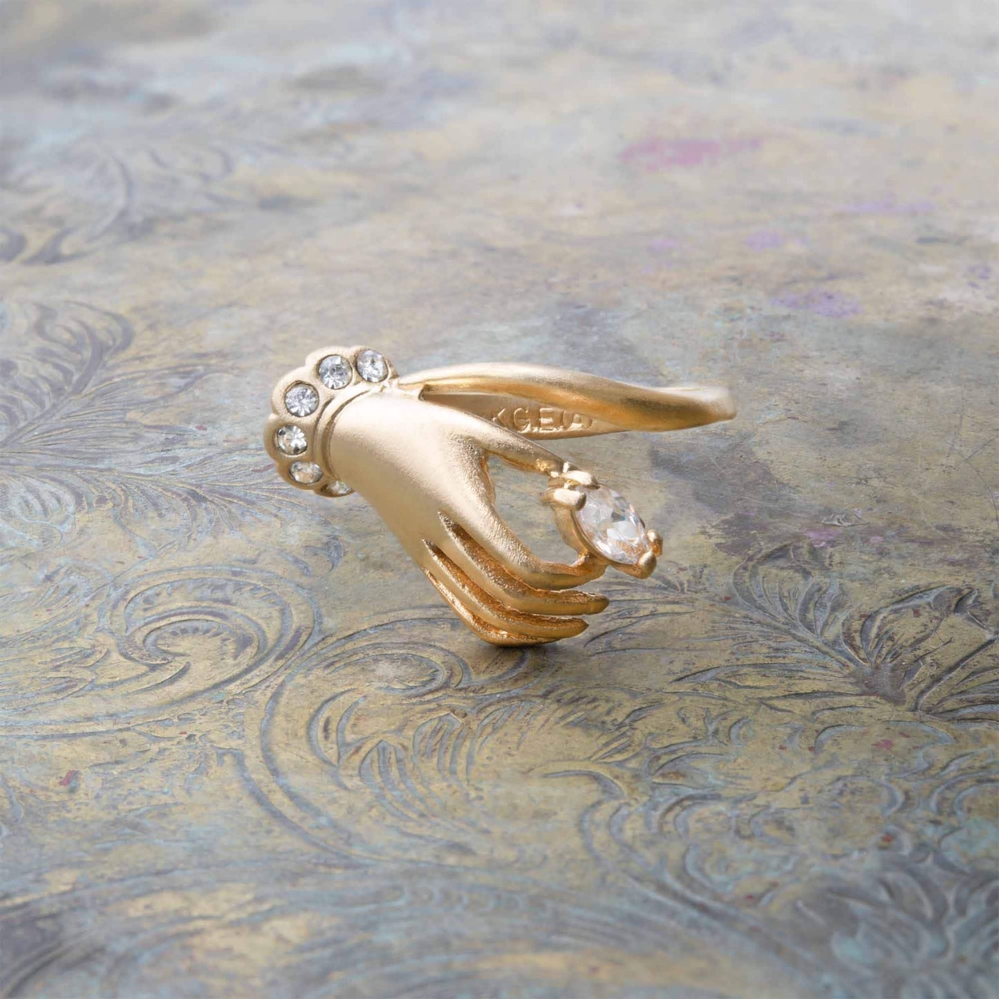 Vintage 1980s Victorian Hand Ring - 18k Gold Electroplated with Austrian Crystals, Brushed Matte Finish jewelry image 1