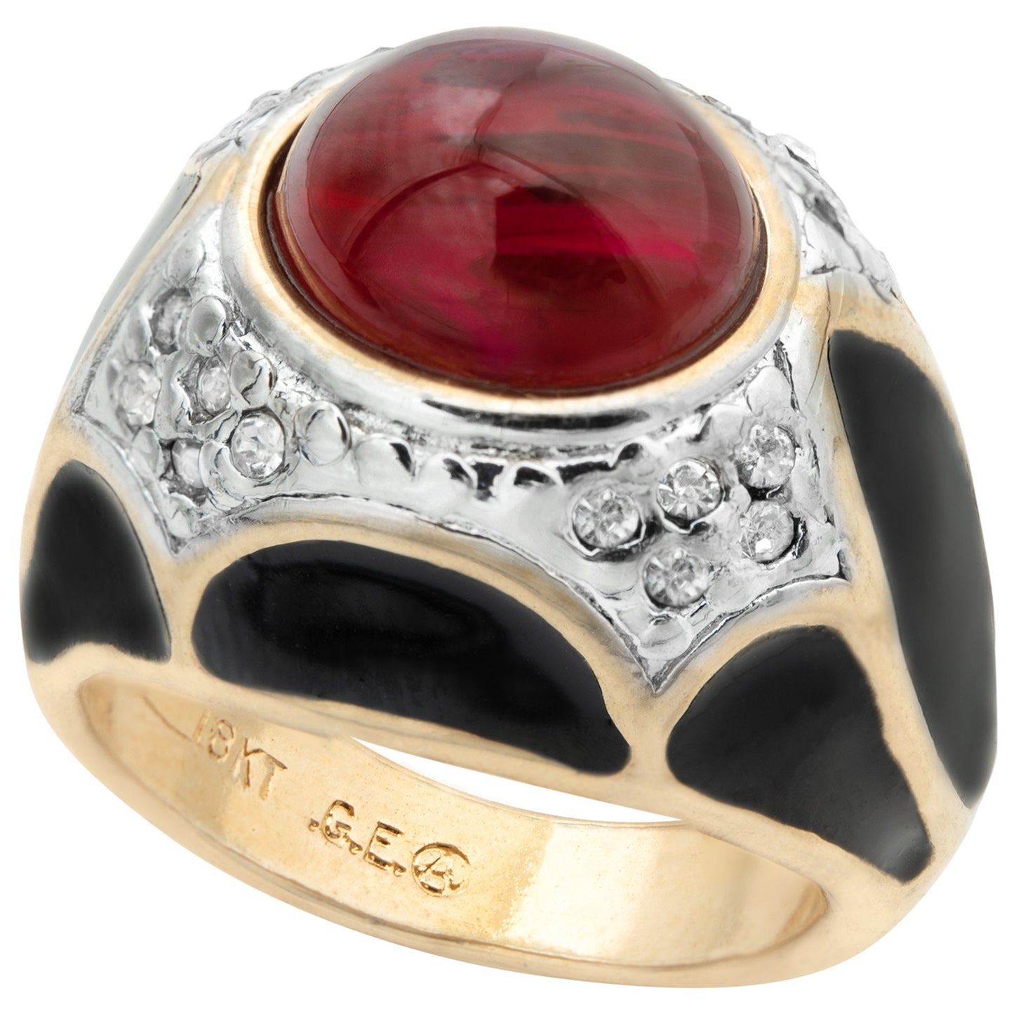 Vintage 1980s Black Enamel Ring with Ruby Cabochon and Clear Crystals - 18k HGE - Size 6 jewelry image 1