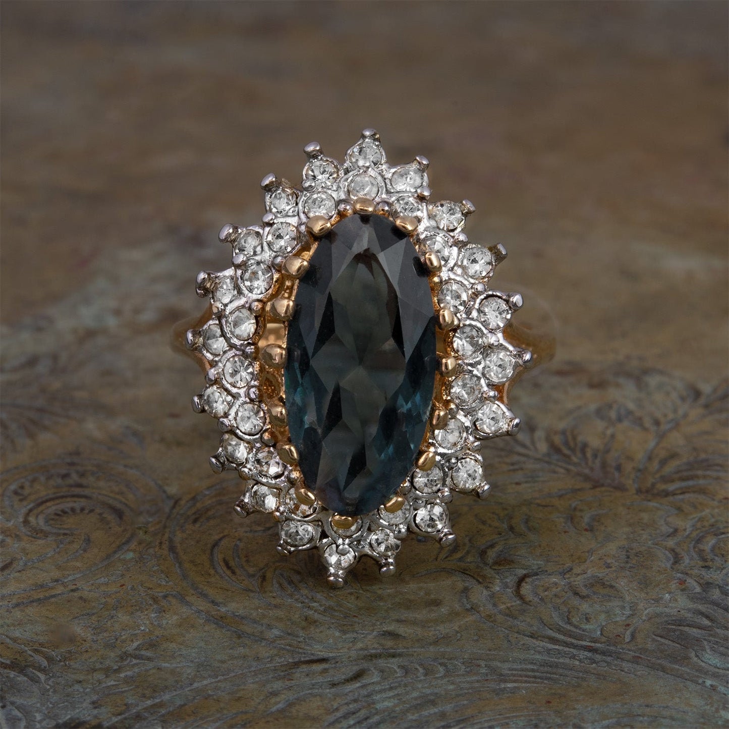 Vintage Sapphire Austrian Crystal Cocktail Ring - 18k Gold Electroplated jewelry image 1