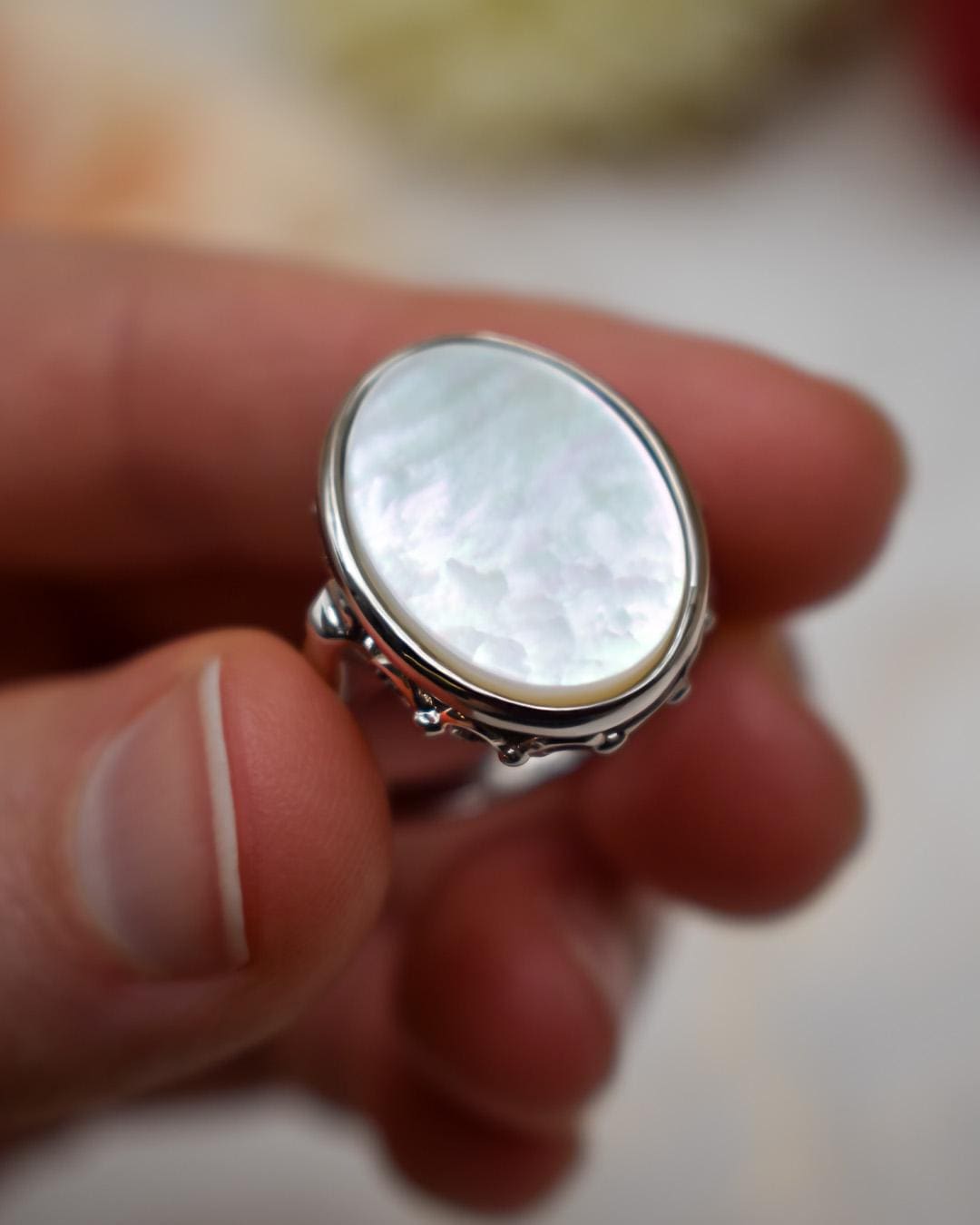 Vintage Mother of Pearl 18kt White Gold Electroplated Cocktail Ring - Made in USA jewelry image 1