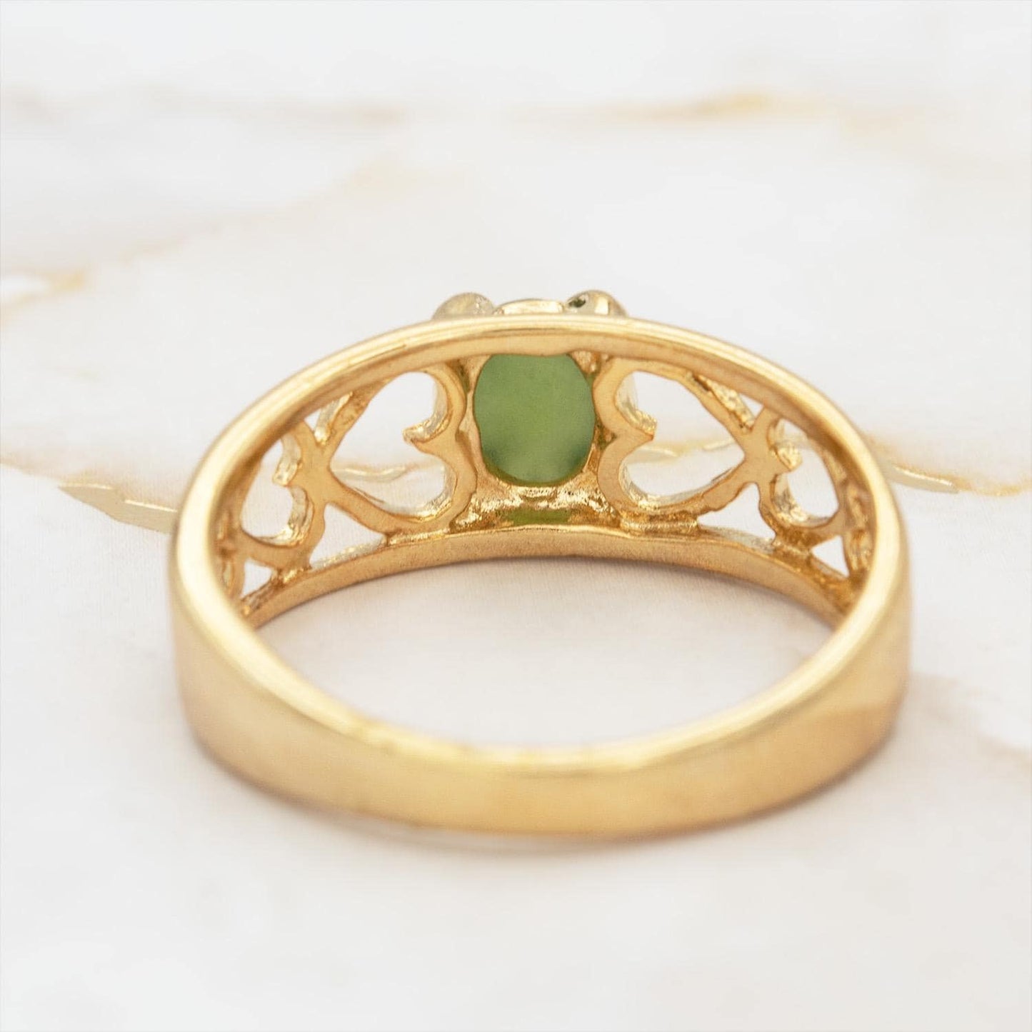 Vintage 18k Gold Electroplated Heart Cutout Band Ring with Genuine Jade jewelry image 1