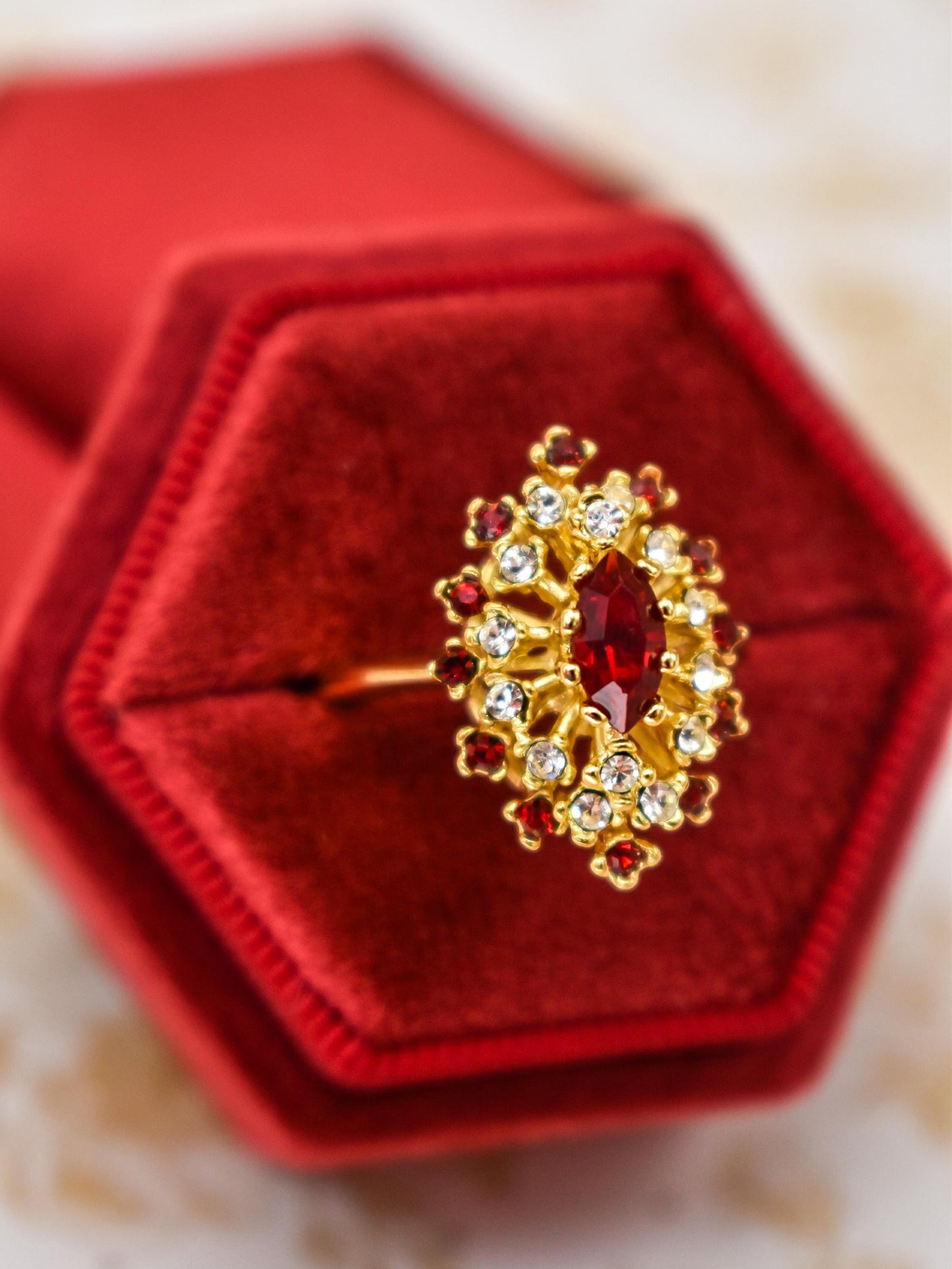 Vintage Genuine Opal and Ruby Austrian Crystal Cocktail Ring - 18kt Yellow Gold Electroplated jewelry image 1