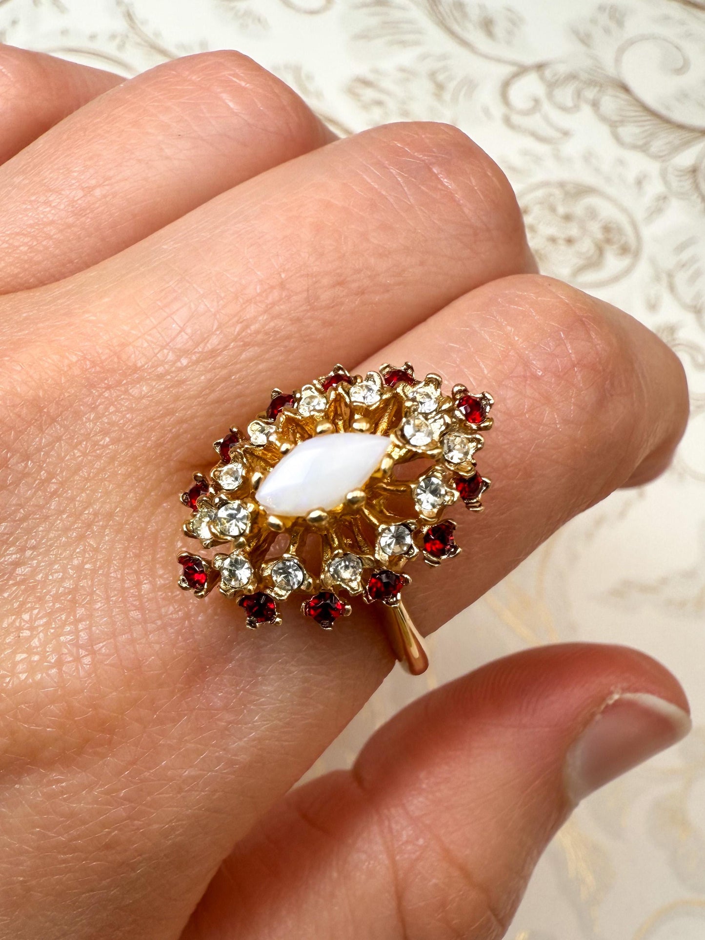 Vintage Genuine Opal Ring with Clear and Ruby Red Austrian Crystals – 18kt Yellow Gold Electroplated jewelry image 1