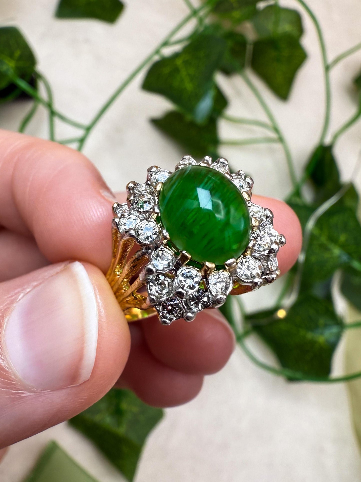 Vintage Emerald Green Crystal Cabochon & Clear Austrian Crystal Ring – 18kt Yellow Gold Electroplate jewelry image 1