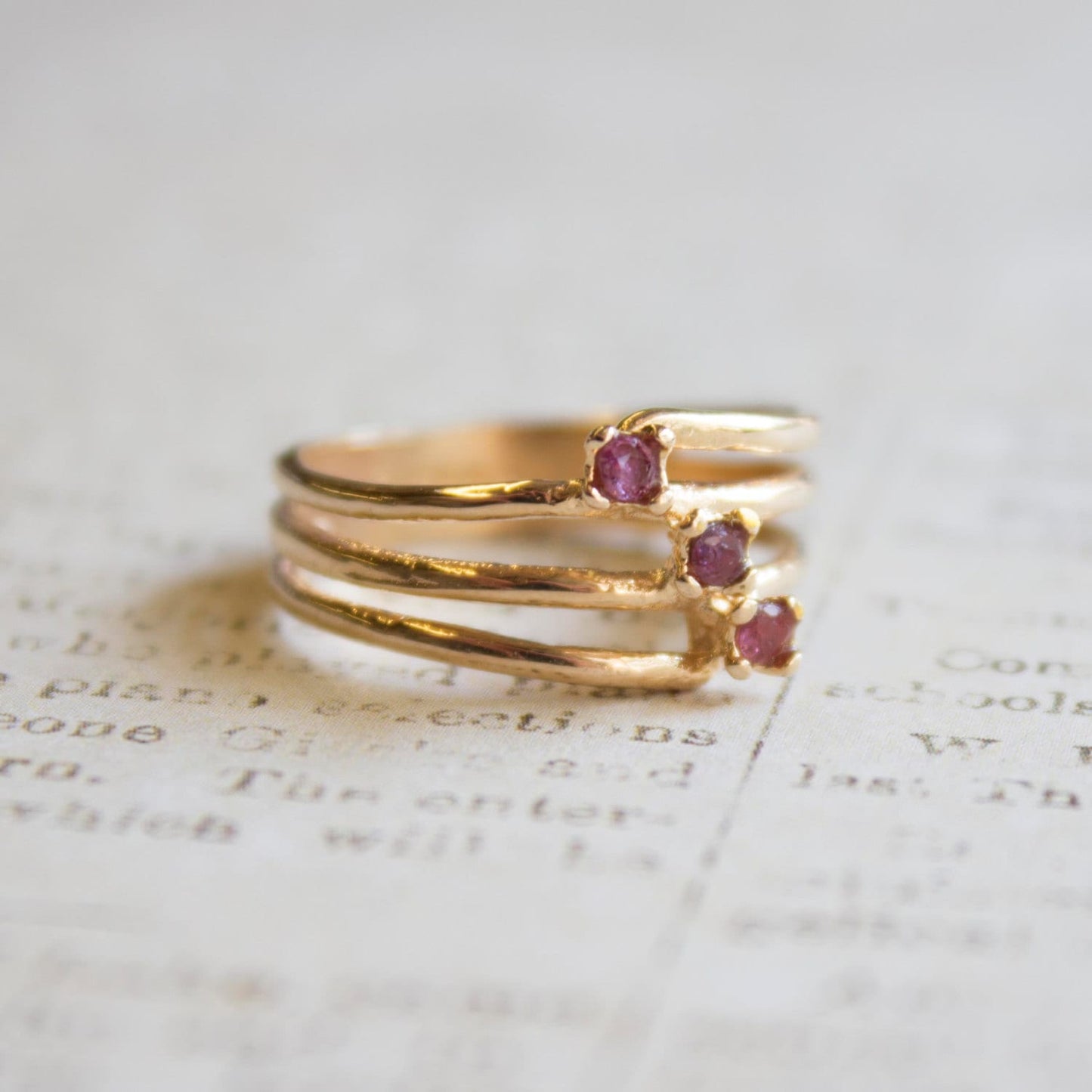 Vintage 1980s Genuine Ruby 18k Gold Electroplated Three-Stone Ring – Made in USA jewelry image 1