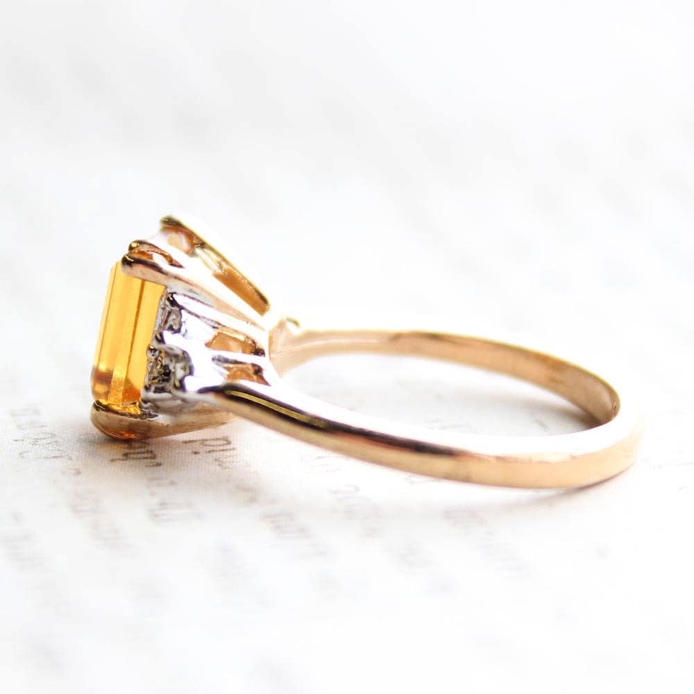 Vintage 1980s Light Topaz Emerald Cut Austrian Crystal Ring with Clear Crystal Accents - 18k Yellow Gold Electroplated jewelry image 1