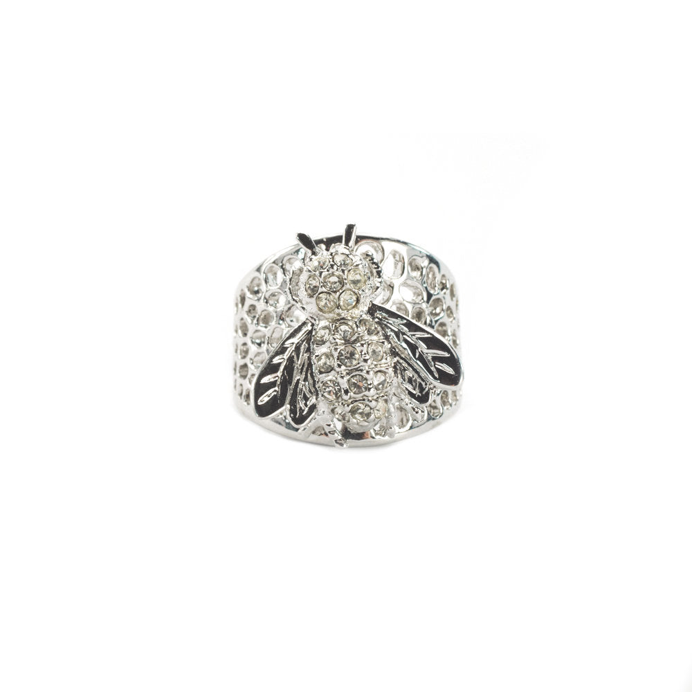 Vintage Ring Bee Ring Clear Swarovski Crystals 18kt White Gold Silver Antique Womans Jewelry #R193 Size: 8