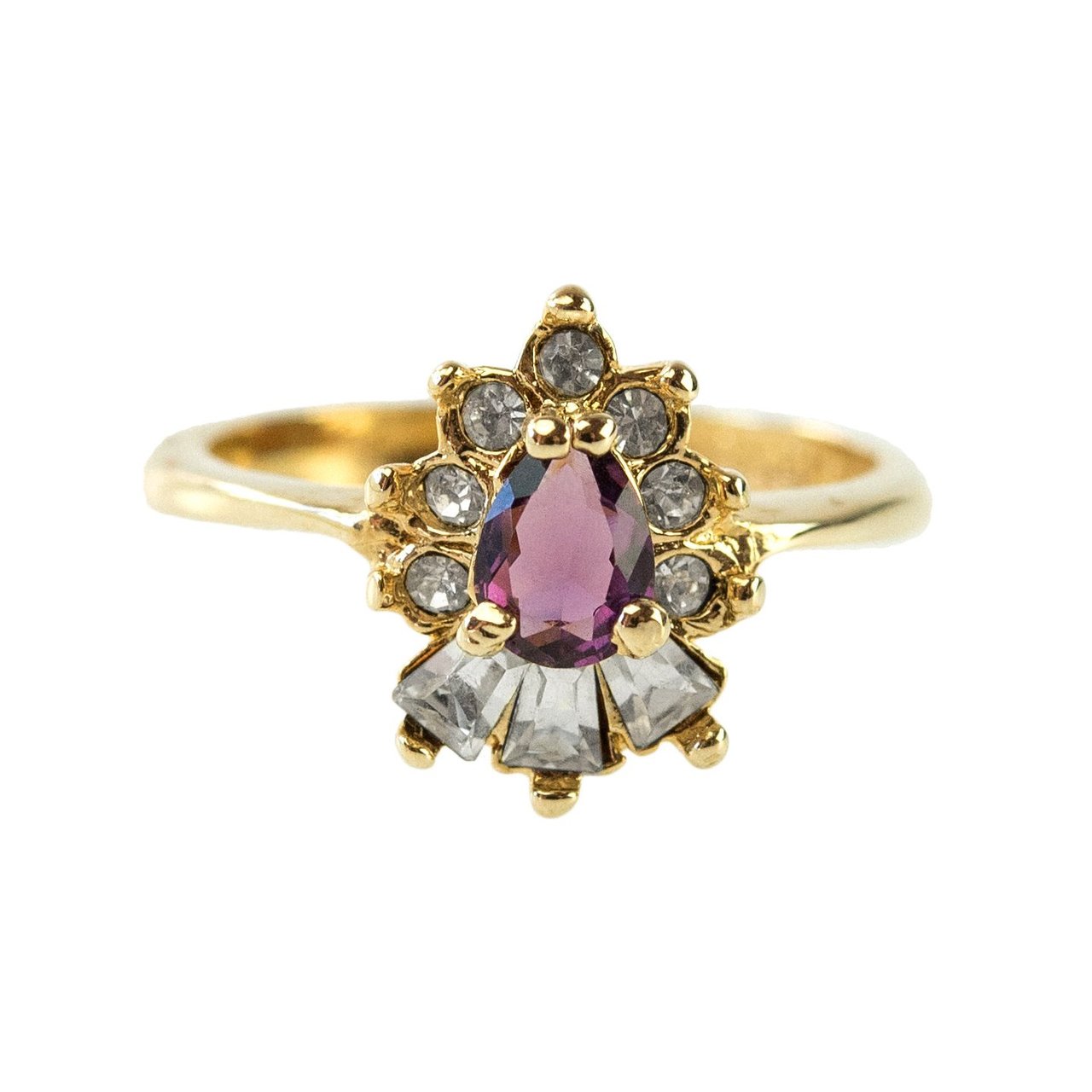 Vintage 1990s Amethyst and Clear Austrian Crystal 18k Gold Electroplated Cocktail Ring jewelry image 1