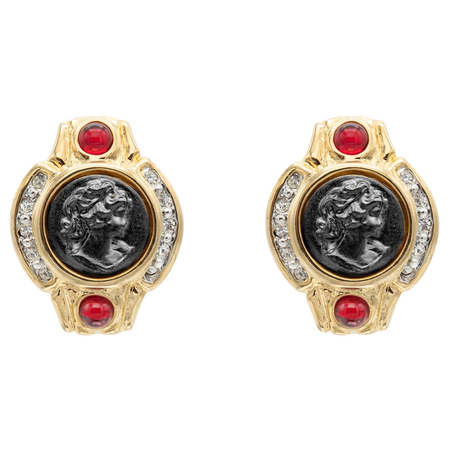 Vintage Gold-Plated Roman Coin Clip-On Earrings with Ruby Red Cabochons and Clear Crystals jewelry image 1