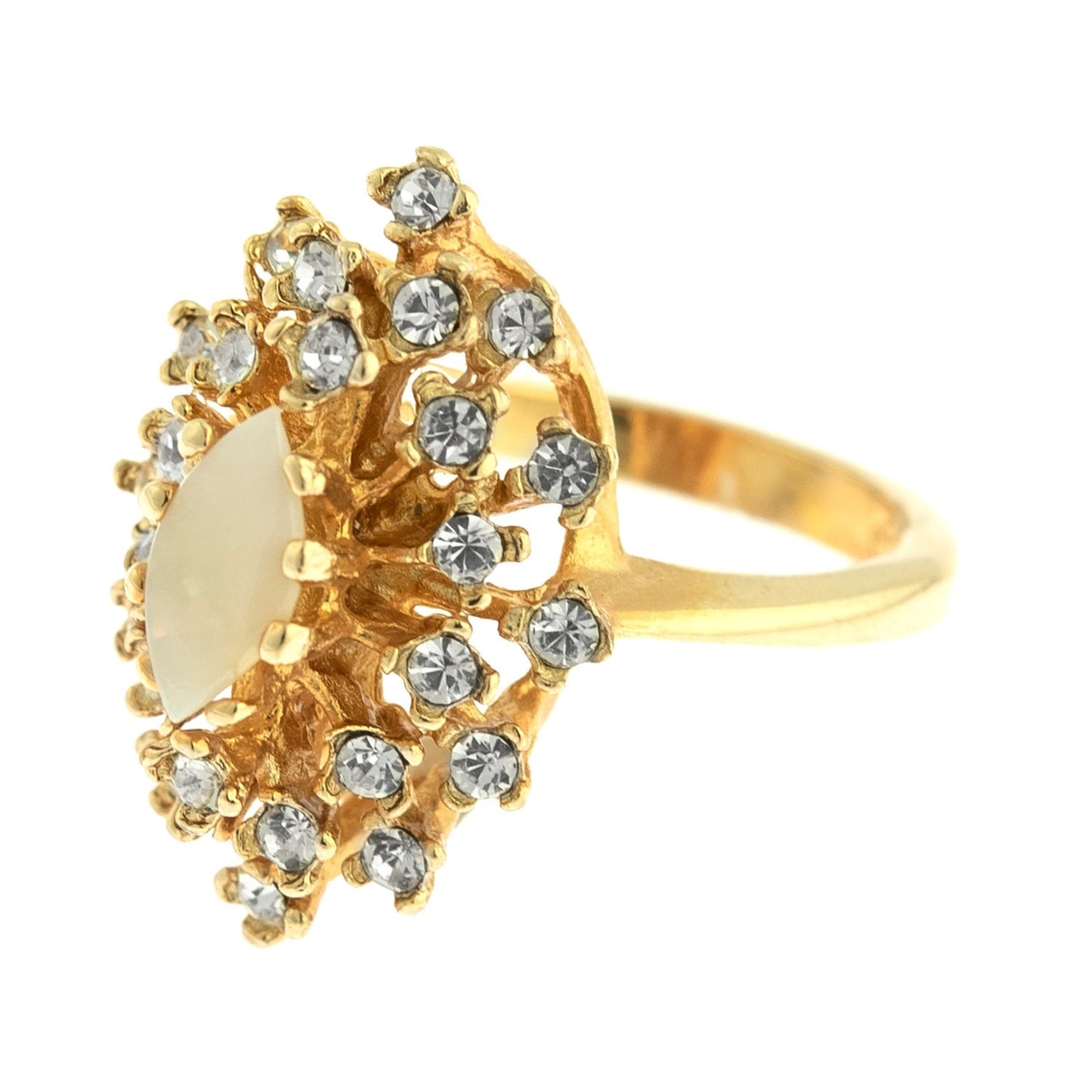 Vintage Ring Genuine Opal with Clear and Ruby Austrian Crystals 18kt Yellow Gold Electroplated