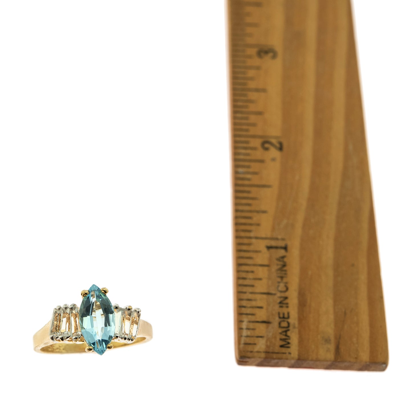 Vintage Ring Genuine Blue Topaz and Clear Austrian Crystals 18kt Yellow Gold Plated Size 5