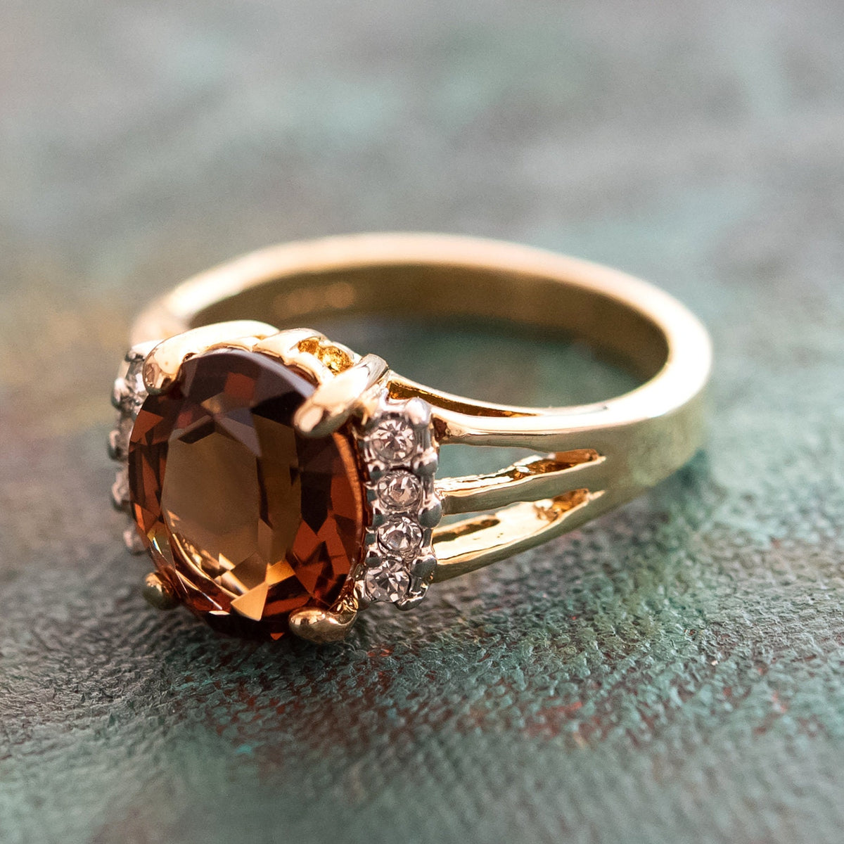 Vintage 1980s Smokey Topaz & Clear Austrian Crystal Ring - 18k Gold Electroplated - Made in USA jewelry image 1