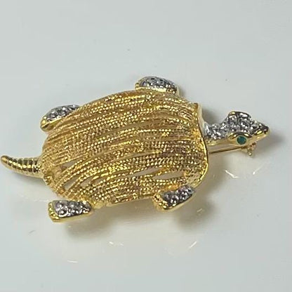 Hand Crafted Turtle Pin Clear Austrian Crystals and Emerald Crystal Eyes Antique Brooch for Women Gold Plated Gift for Women Lapel Pin