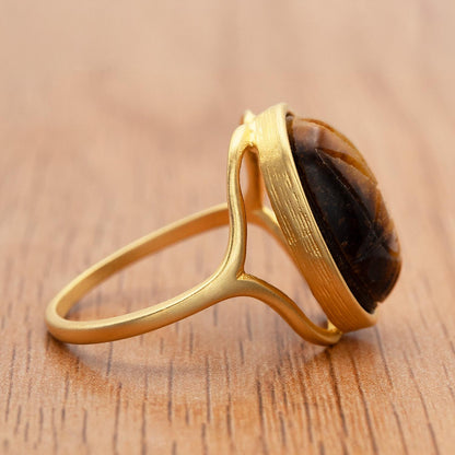 Vintage 1970s Scarab Beetle Genuine Tiger Eye Stone Yellow Gold Electroplated Ring Made in USA Women's Gold Ring