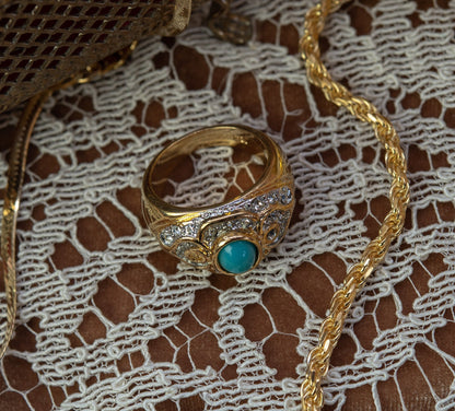 Womens Vintage Ring Turquoise Glass Bead Austrian Crystals Cocktail Ring