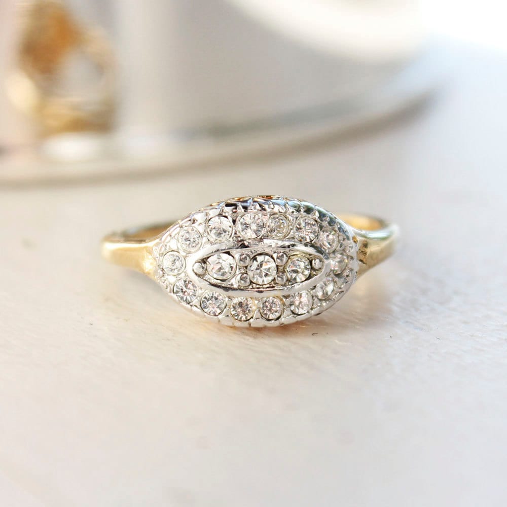 Vintage Princess Ring Made in USA Handcrafted 18kt Yellow Gold Electroplated Band Austrian Crystals