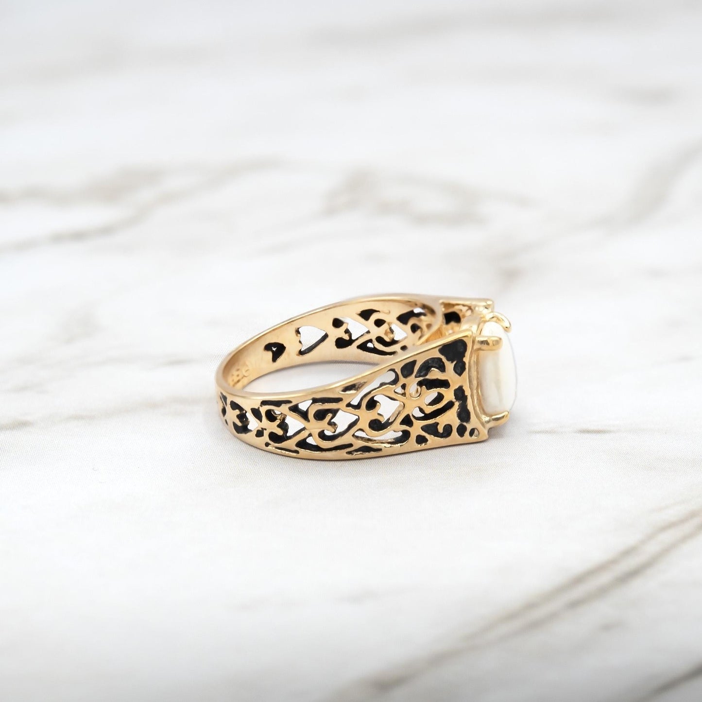 Genuine Chinese Jade Vintage Cocktail Ring – 18k Gold Electroplated Filigree Band Made in USA jewelry image 1