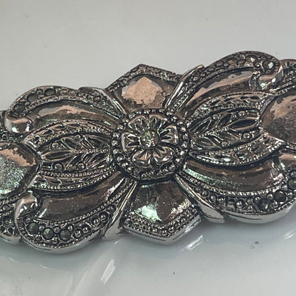 Vintage Brooch Victorian Era Pin Design Diamond Chip Stone with 20 Genuine Marcasite Stones, 18kt White Gold Electroplated Antique Design