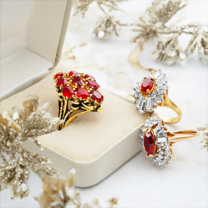 Vintage Ring 1970's Ruby and Clear Austrian Crystals 18k Gold Antique Jewelry for Women - Limited Stock - Never Worn Cocktail Ring